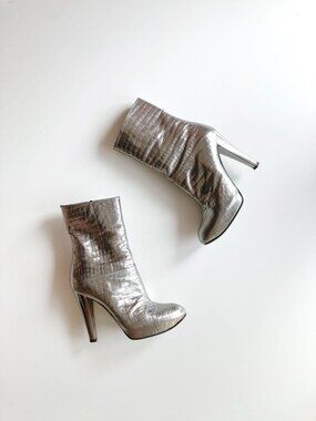 CASADEI Silver Croc-Embossed Leather Mid Calf Platform Mid Calf Boots, Size 6